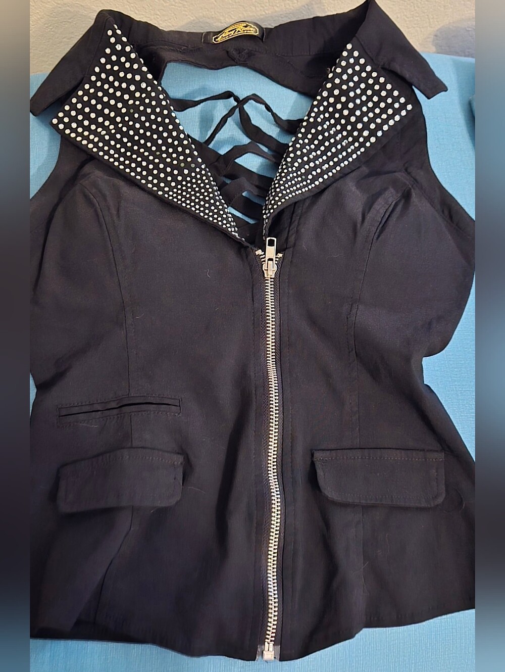 Black Sleeveless Zip Tank with Stud-Trim Collar